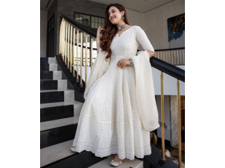 Pure Cotton Embroidered White Long Gown Kurta With Dupatta Set For Women and Girls,